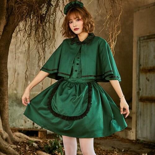 Halloween Costume Dark Green Lace Slim Temperament Maid Skirt Cosplay Castle Maid Uniform with Shawl