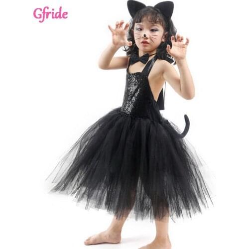 Summer Baby Girls New Summer Cosplay Cat TUTU Dresses Casual Sleeveless Toddler Kids Formal Party Black Cute Tail Costumes 2-8 T