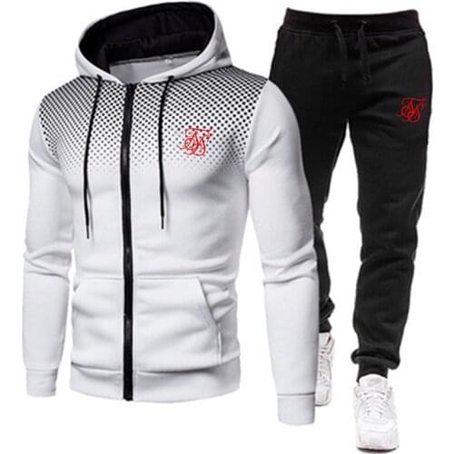 Sik silk Mens Hoodie suit fashion brand print autumn casual Hoodie+pants men suit sports two piece Men Clothes Sportswear Sets