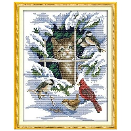 Cat and Birds Animal Winter Snow Cross Stitch Kits Accurate Printed Embroidery DIY Handmade Needle Work Set Art Home Decor