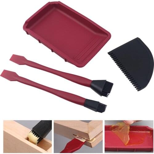 4pcs Soft Glue Brushs Tools Kit Silicone Scraper Tray Wood Glue Up Set Glue Applicator Scraper Woodworking Coating Tools