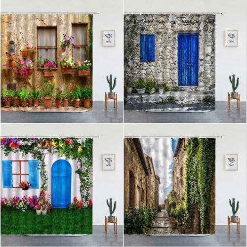 3D Nordic Italy Street Alley Shower Curtains Set Garden Flower Scenery Wall Hanging Bathroom Decoration Screen Fabric With Hooks