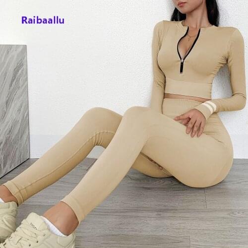 Raibaallu Newest Sexy Lingeri Long Sleeve Zipper Top High Waist Yoga Legging Set Autumn Winter Gym Fitness Sportswear In 2020