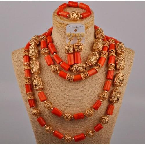 Orange Nigerian Coral Beads Jewelry Set Women African Wedding Necklace Bridal Jewelry Sets Coral Set for Bride