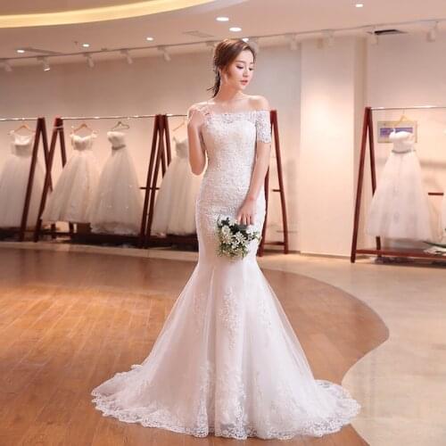Sequins Embroidery Wedding Dress Short Sleeves Sexy Boat Neck Floor-Length Mermaid Lace Up Plus Size Women Wedding Gowns G040