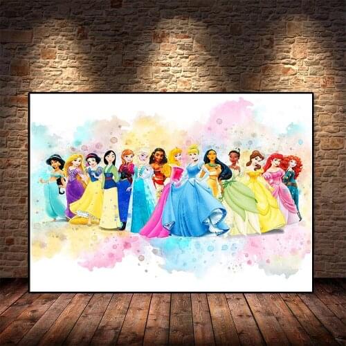 Watercolor Disney Princesses Poster Anna Elsa Catoon Canvas Painting Prints Cuadros Nursery Wall Art Picture for Kids Room Decor