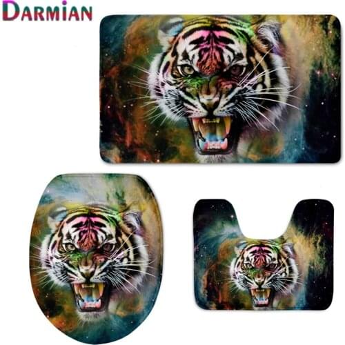 Cool Starry Sky Tiger 3D Print Toilet Seat Cover Decorative Bathroom Non-slip Floor Rugs High Quality Bathroom Accessories 3pcs