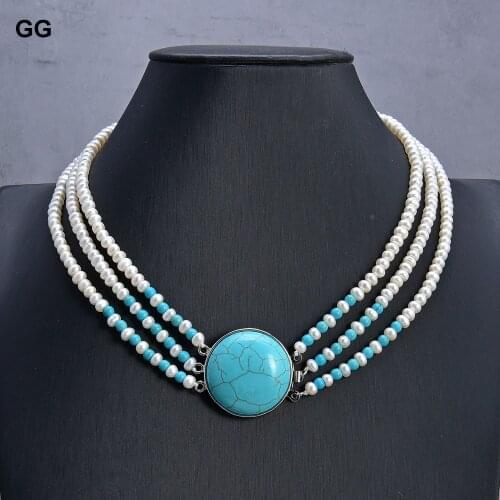 GG Jewelry 3 Strands White Pearl Blue Turquoise Necklace