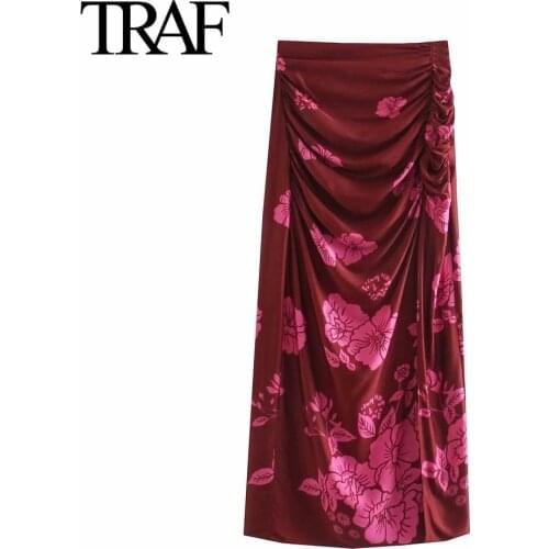 Traf Za Women Clothing Fashion Red Back Zip Vintage Skirts French Elegant Floral Long Skirt Pleated High Waist MIDI Skirt Mujer