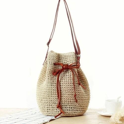 Lady Women Korean Woven Bucket Bag Drawstring Hobo Small Straw Shoulder Bag