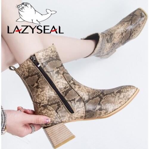 LazySeal Snake Pattern Side Zipper Chelsea Boots Women Shoes Wood Grain Square Heel Ankle Boots Square Toe Winter Ladies Booties