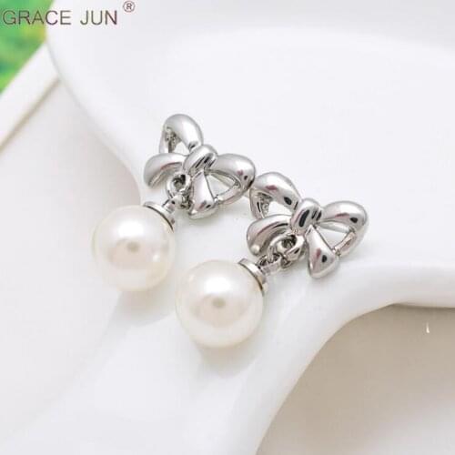 GRACE JUN 2 Colors Available Bowknot Shape Clip on Earrings No Pierced for Women Party Wedding Charm Small Faux Pearl Earrings