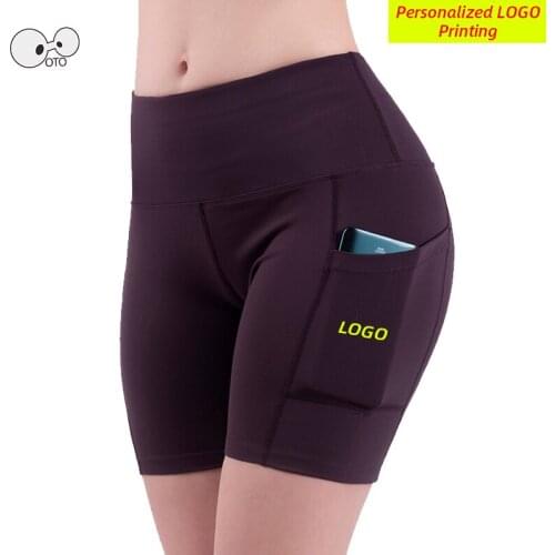 Custom LOGO Women Yoga Shorts with Pocket Quick Dry Running Tights High Waist Gym Compression Short Pants Fitness Sport Leggings