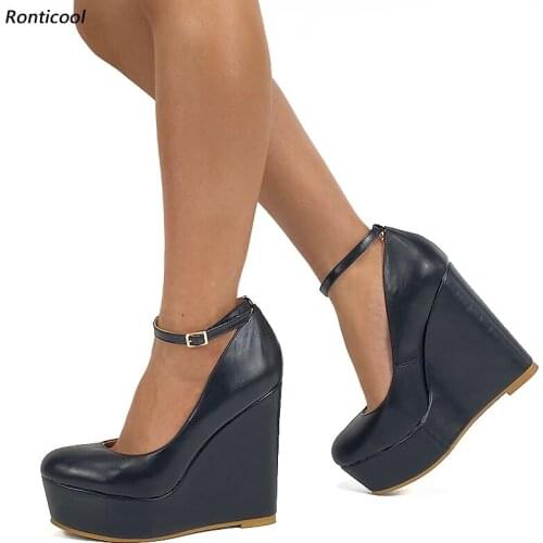Ronticool New Arrival Handmade Women Pumps Ankle Strap Buckle Wedges Heel Round Toe Black Party Shoes Women US Plus Size 5-20