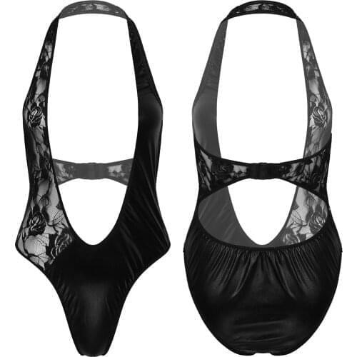 Women See-Through Lace Bodysuit Sexy Deep V Neck Sleeveless Bodysuit Nightwear Lace Patchwork Patent Leather Leotard Jumpsuit