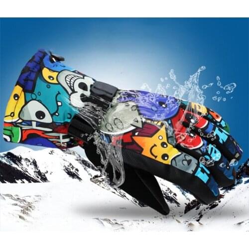 Winter Warm Snowboard Ski Gloves Scrawl Doodle Printed Waterproof Thicken Plus Size Skiing Gloves