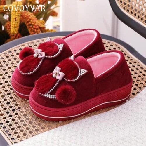 COVOYYAR Winter Women Shoes Flat Platform Slip Ons Cute Cat Warm Fur Plush Home Slippers Girls Shoes WFS4098