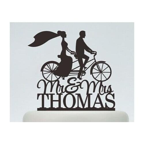 Acrylic wedding Cake Toppers running bicycle couples custom bride groom name and date engagement bridal shower party decorations