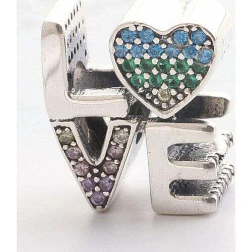 Authentic S925 Silver Multi-Color Love With Multi-Colored Crystal Bead fit Lady Bracelet Bangle For Women DIY Jewelry
