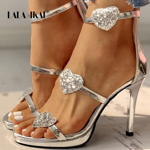 LALA IKAI High Heel Sandals Women Summer Rhinestones Ladies Gladiator Sandal High Heel Flock Peep Toe Sandalie Female XWC10150