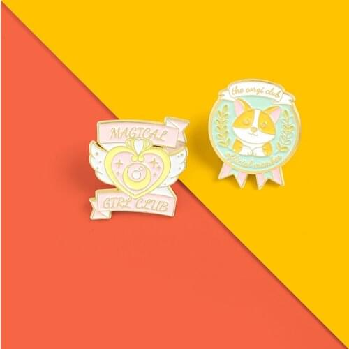 Cartoon Cute Dogs Enamel Pins Magical Girl Club Brooches Love Moon Wings Lapel Pins Kawaii Metal Animal Badge Jewelry Girly Gift