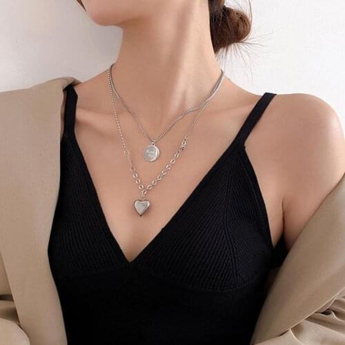 Women Dual Layer Love Heart Round Pendant Simple Elegant Chain Hip-hop Necklace Chain Necklace Gift Necklaces For Women Jewelry