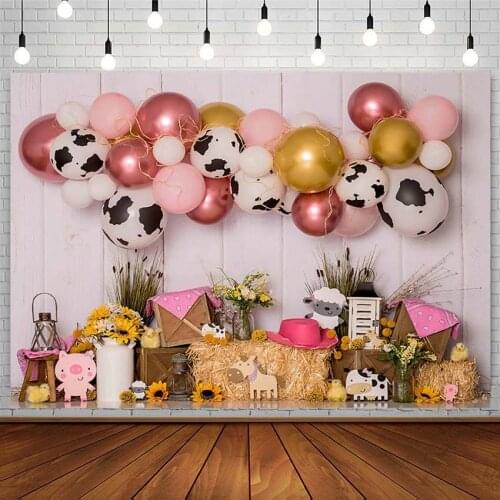 Baby Shower Backdrops Farm Cow Sunflower Plank Haystack Pink Balloon Girl Photography Background Studio Birthday Decor Photozone