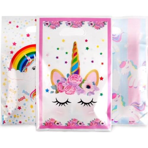 HUIRAN Rainbow Unicorn Birthday Party Decoration Small Unicorn Gift Bag Plastic Candy Bag Baby Shower Party Supplies Kids Favor