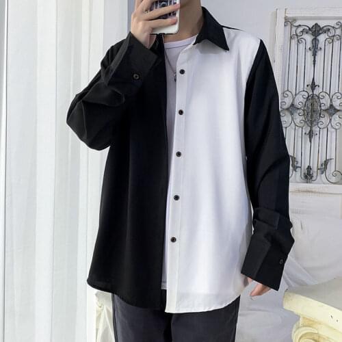 Cool Patchwork Shirt Spring Casual Long Sleeve Loose Black Harajuku Vintage Autumn Shirts Streetwear Men High Street Shirts