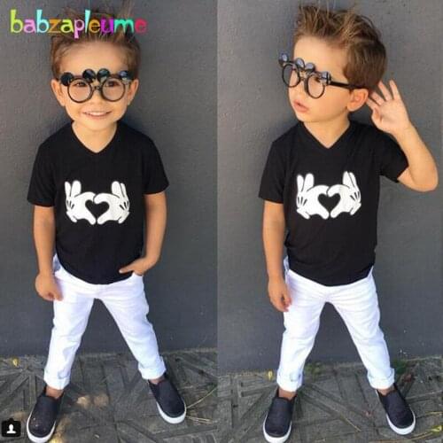 2Piece 1-5Years Baby Summer Toddler Boys Clothes Fashion Black Short Sleeve T-shirt+White Pants Children Clothing Sets BC1085-1