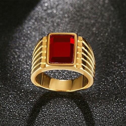 Personality Luxury Gold Color Ring Fashion Domineering Mens Red Semi Precious Stone Ring Trend Mens Cocktail Party Jewelry