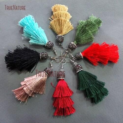 Lovely 3 Layer Tassel Blue Cotton Silk Tassel Charm Earrings Rhinstone Pave Dangle Earrings Wire Wholesale In 4.8 inch ER10693