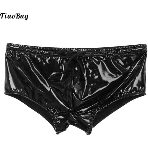 TiaoBug Men Wet Look Patent Leather Swimming Trunks Low Rise Drawstring Boxer Shorts Beach Bikini Swimwear Party Clubwear