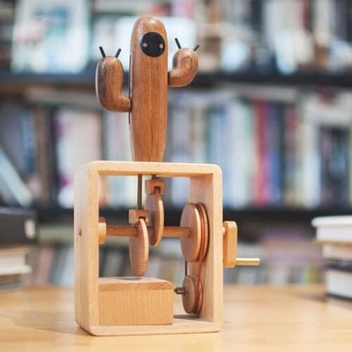 GY Cactus Music Box Christmas Hand-Cranked Wooden Music Box Healing Gift Creative Woodworking Room