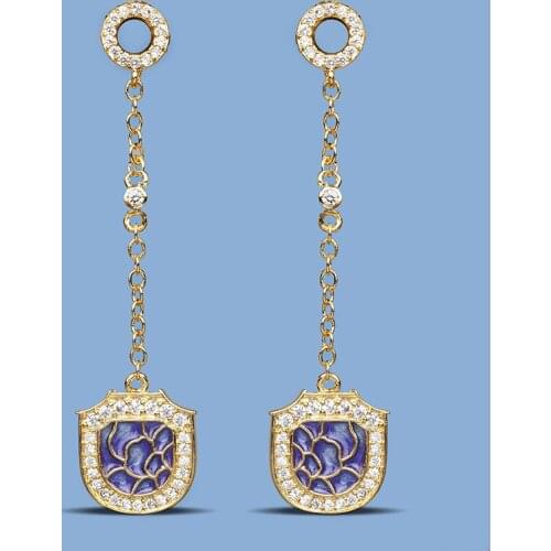 2021 New Exquisite Long Tassel Womens Earrings Blue Purple Geometric Epoxy Jewelry Shiny Zircon Handmade Enamel Jewelry