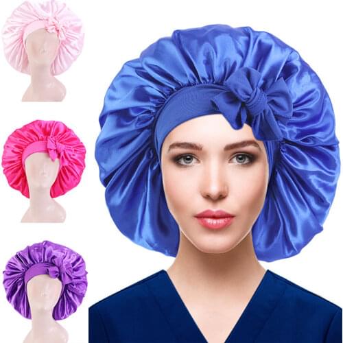 Extra Large Solid Satin Bonnet with Wide Stretch Ties Long Hair Care Cap Women Night Sleep Hat Adjust Silky Head Wrap Shower Cap