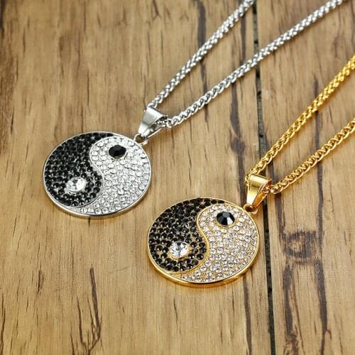 ZORCVENS Black Clear CZ Stones Bagua Yingyang Pendant Gold Tone Stainless Steel Necklaces for Men