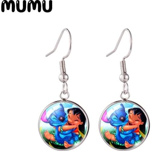 2021 New Lilo and Stitch Fish Hook Earring Cute Photo Round Jewelry Glass Dome Earrings Gifts Girl