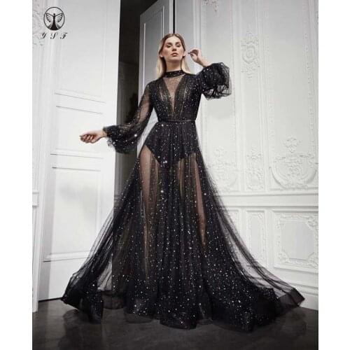 Sexy High Collar Black Bling Bling Long Sleeve Glitter Fabric A Line Floor Length Prom Dresses