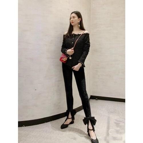 Autumn High 2021FW Quality Women Velvet Bow Slit Slim Pants Female Luxury Black Long Trouse For Ladies Tclai 7.19