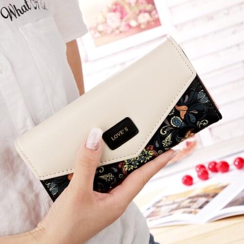 Women Fashion Envelope Hasp Wallets Female Hit Color Tri-fold Flowers Zipper Coin Purses Ladies Long Pu Leather Clutch Phone Bag