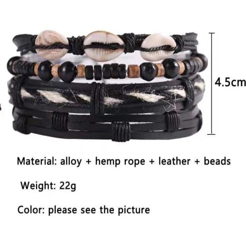 1pcs MenS Retro Style Leather Woven Bracelet Wooden Beads Shell Multilayer Wide Wrap Jewelry Bracelets Ethnic Tribal Wristband