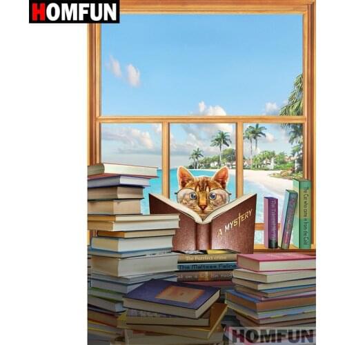 HOMFUN Full Square/Round Drill 5D DIY Diamond Painting "Cat reading" Embroidery Cross Stitch 5D Home Decor Gift A07117