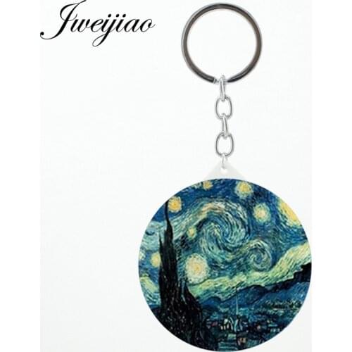 JWEIJIAO Oil Painting the Starry night keychains pocket mirror Abstracts DIY Round Mini Hand Mirror for best friends NS387