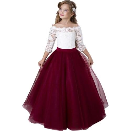 Christmas Children Girls Red Princess Dressess Long Sleeve Wine Red Girls Birthday Party Celebration Gowns Custom