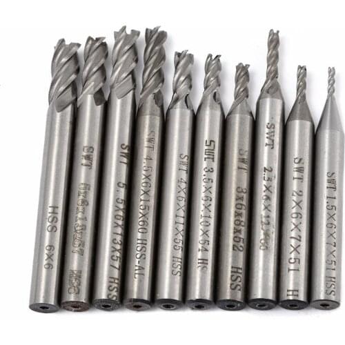 10pcs/Set HSS 4 Flutes End Mill Straight Shank CNC Cutting Bits 1.5-6mm Woodworking Milling Cutters Kit