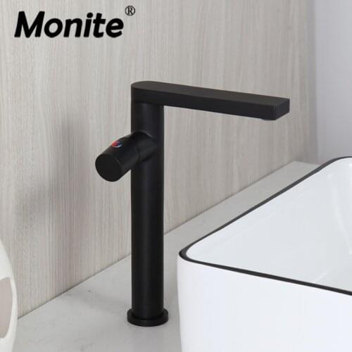 Monite Matte Black Counter Top Bathroom Faucet Kitchen Wash Basin Tap Swivel Long Spray Hot & Cold Mixer Solid Brass Basin Tap