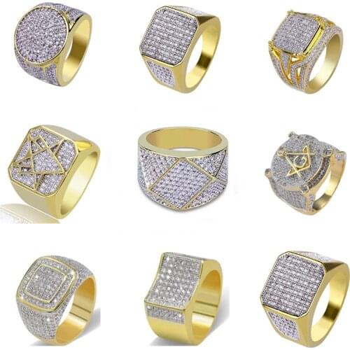 Popular Golden Full Crystal Geometric Mens Ring Business Style Wedding Jewelry Male Hand Accessories
