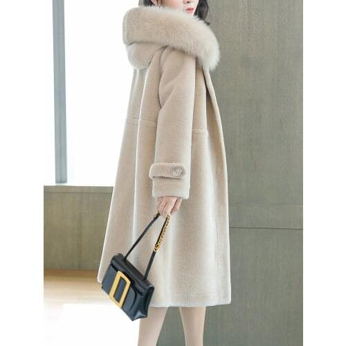Sheep shearing coat womens medium and long 2021 hair hooded granular wool fur slim coat