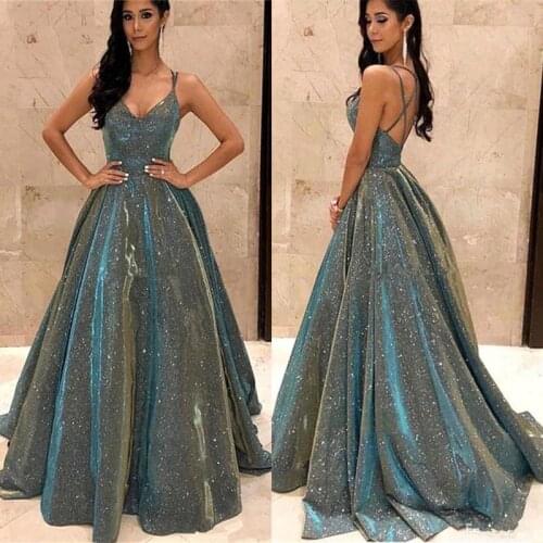 Sexy V Neck Cross Straps Back Bright Silk Prom Dresses Long Shinning Bling Bling Spaghetti Straps Prom Gowns Robe de Soiree